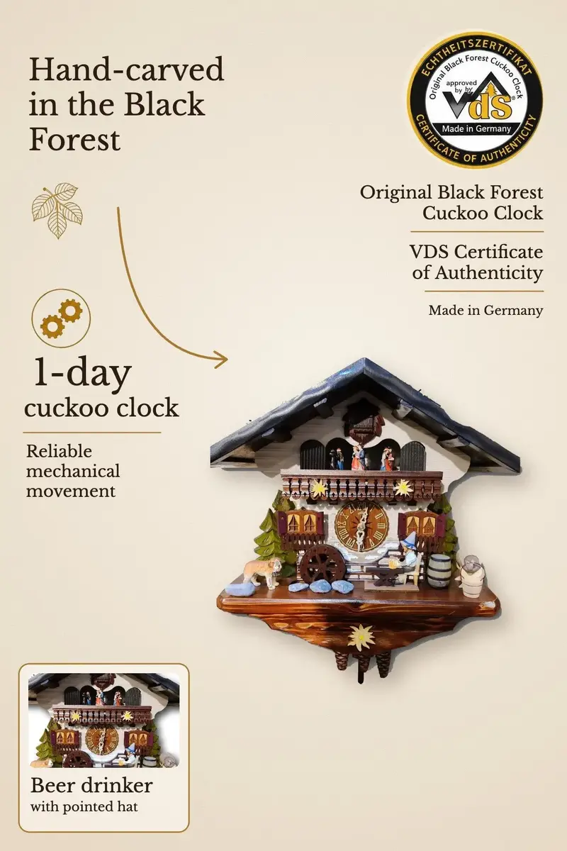 Beer Drinker Cuckoo Clock with Pointed Hat, 1 Day Movement, Music