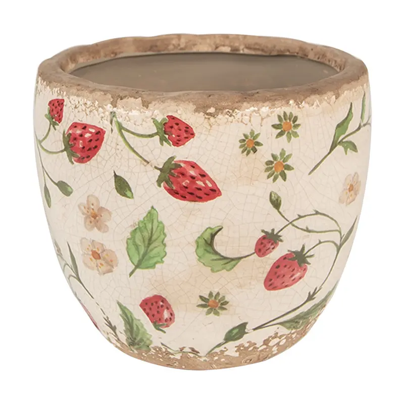 Clayre & Eef Blumentopf Beige Rot mit Erdbeermotiv