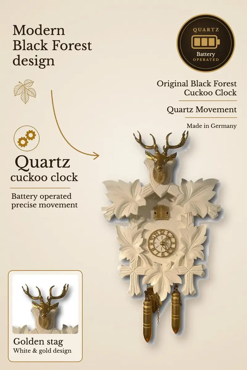Modern White & Gold Black Forest Cuckoo Clock – Quartz Movement