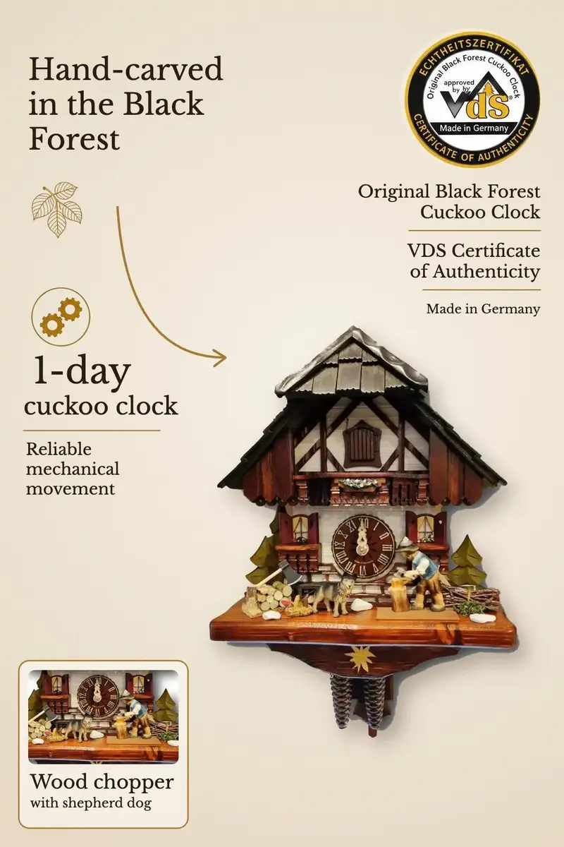 Wood chopper with shepherd dog 1 day cuckoo clock