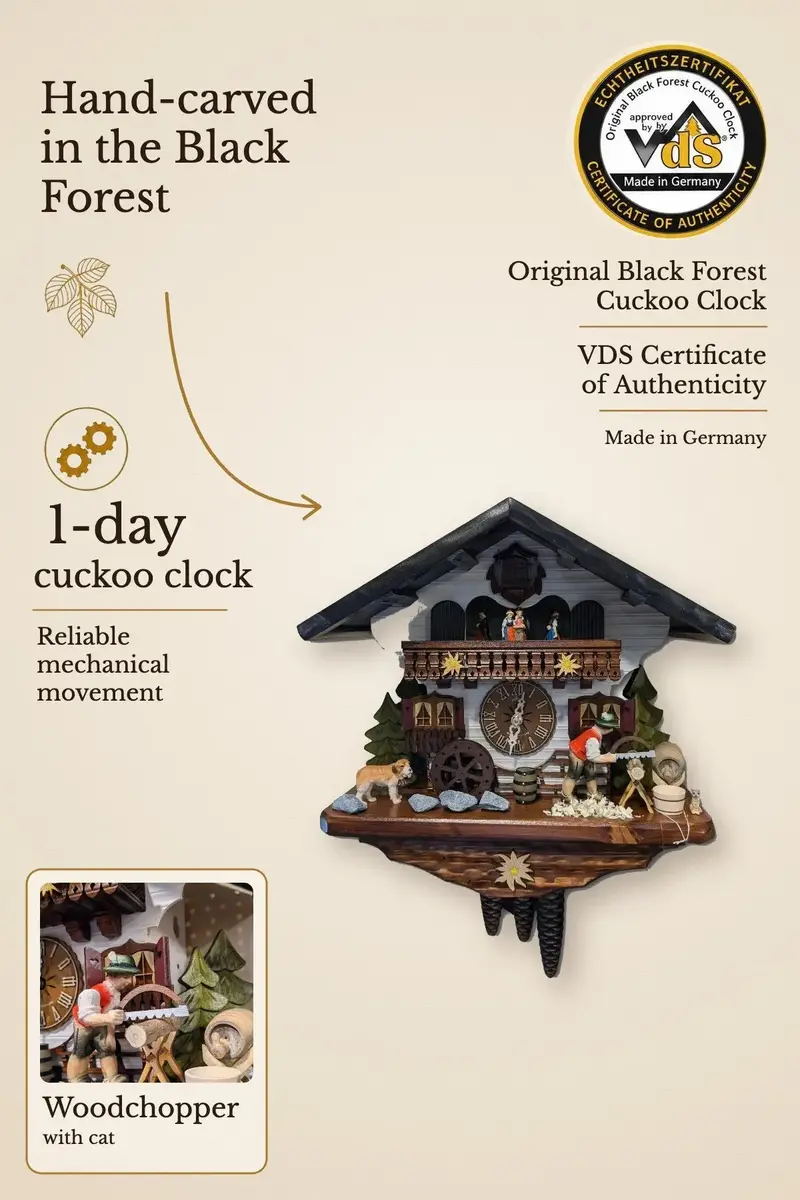 Woodchopper with Cat 1 Day Clock
